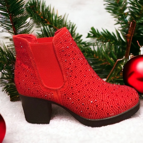 Italina Diamonds & Denim Red Rhinestone Metallic Embellished Slide On Ankle Boot - Picture 7 of 7